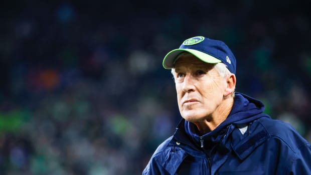 Seattle Seahawks head coach Pete Carroll stands on the sideline during the third quarter against the Philadelphia Eagles at Lumen Field.